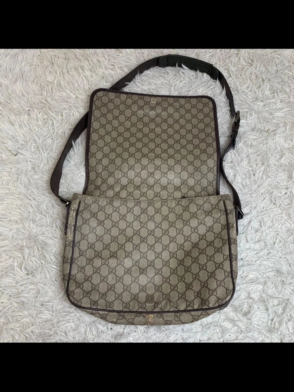 Gucci Brown Monogram Messenger Bag with Red & Green Center Stripe